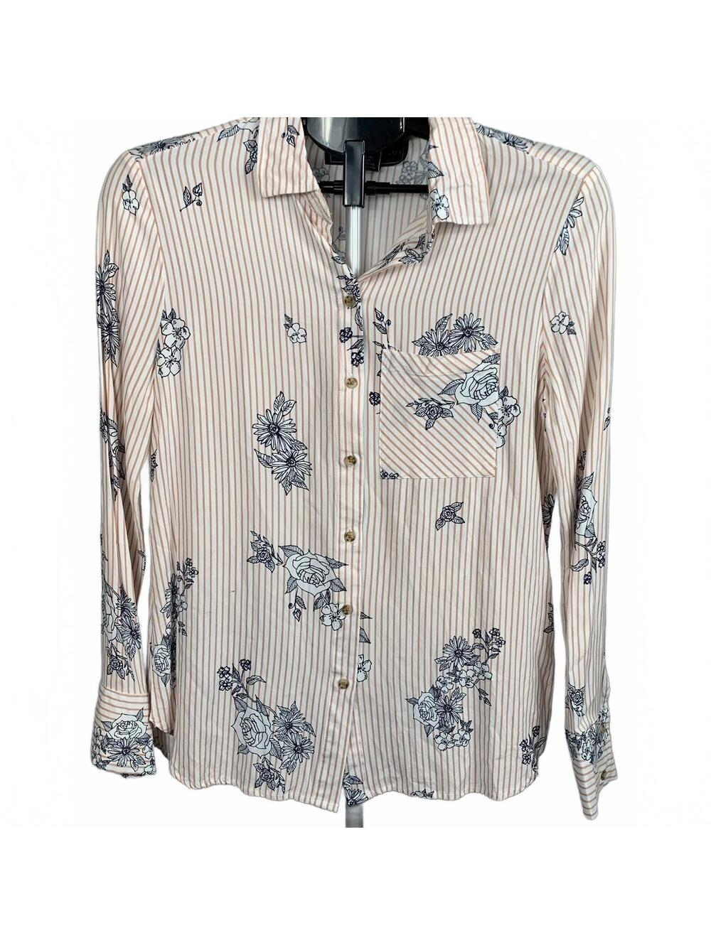 Polly & Esther Women's Long Sleeve Medium Button-Down Striped Floral Blouse